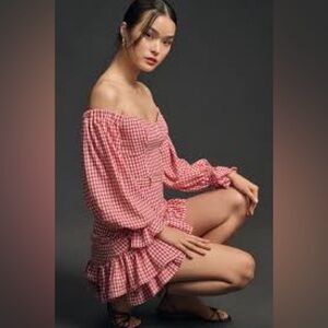 Maeve Red and White Ruffled Off-Shoulder‎ Dress Anthropologie US 4